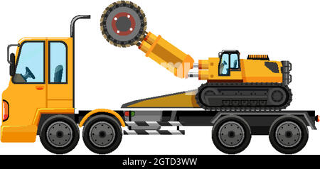 Tow truck carrying construction car isolated on white background Stock Vector