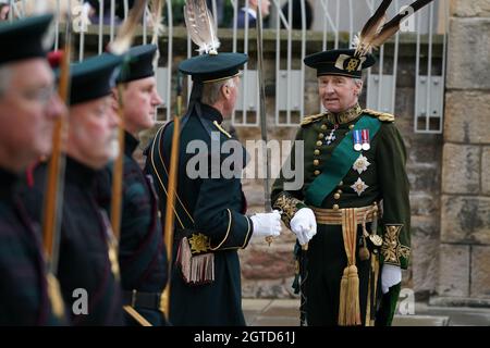 Richard Scott the 10th Duke of Buccleuch views the Royal Archers at the Scottish Parliament in Edinburgh ahead of Queen Elizabeth II giving a speech in the debating chamber, to mark the official start of the sixth session of Parliament. Picture date: Saturday October 2, 2021. Stock Photo