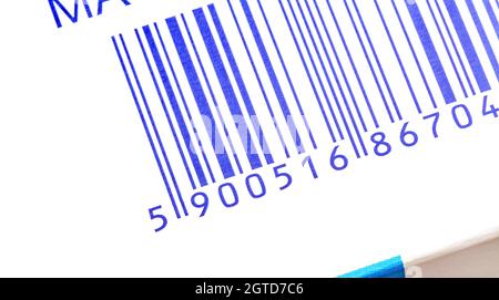 Simple product package box container barcode partial shot, detail, extreme closeup, object macro, bar code label up close. Business, retail finance, c Stock Photo