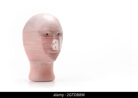 Meme man 3d printed head plastic model, object isolated on white background, cut out, 3D print technology product, surreal internet memes modern web c Stock Photo