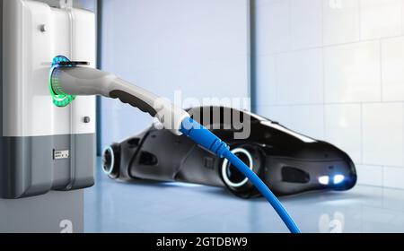 3d rendering driverless car or autonomous car plug in with ev charging station Stock Photo