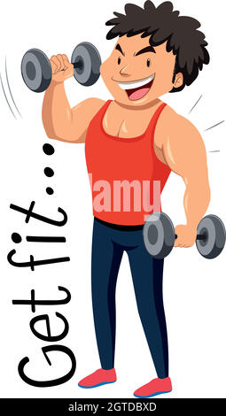 Flashcard design for get fit with man doing weighlifting Stock Vector