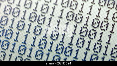 Binary number system, bits, binary numbers on an LCD display abstract wide background, banner, backdrop. Calculator screen macro, closeup, nobody. Mat Stock Photo