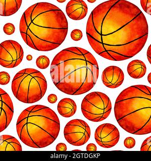 Seamless background with a basketball ball. Watercolor illustration. Perfect for wallpapers, covers, wrapping, packaging, fabric design and any kind o Stock Photo