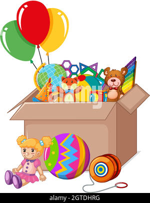 Cardboard box full of toys on white background Stock Vector