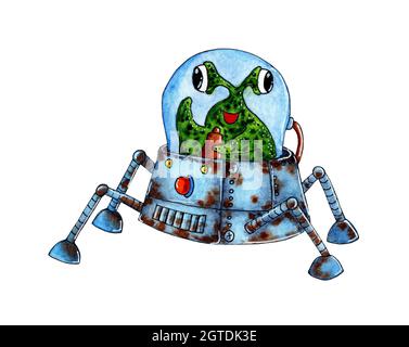 Watercolor illustration of a lunar rover with a green alien inside. Cartoon alien transport, old covered with rust. Moving around the surface of the p Stock Photo
