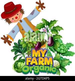 Font design for word my farm with scarecrow and vegetables Stock Vector
