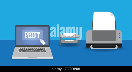 Laptop with the text  print on the screen and printer Stock Vector