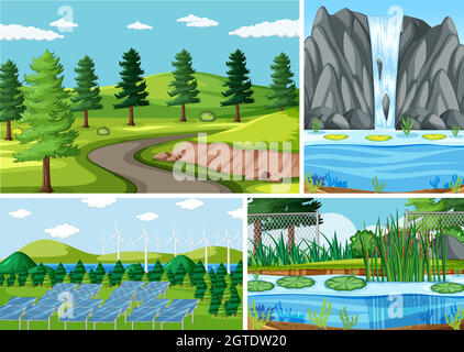Four different scenes in nature setting cartoon style Stock Vector