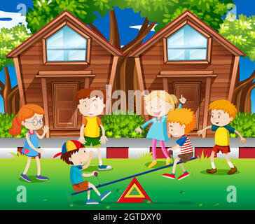 Children playing seesaw in the park Stock Vector