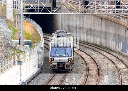 UP express train service between Union Station and Pearson Airport in Toronto, Canada. High angle view. The train is arriving at Union Station Stock Photo