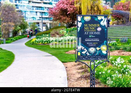 Entrance to the Music Garden in the Toronto waterfront, Canada. There are a sign announcing the upcoming Summer concerts. Stock Photo