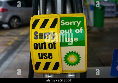 Dedworth, Windsor, UK. 2nd October, 2021. Another BP garage with no fuel this morning. The army are due to be deployed across the country from Monday as the panic buying of petrol and diesel continues. Fuel deliveries remain intermittent following a shortage of tanker drivers. Credit: Maureen McLean/Alamy Live News Stock Photo