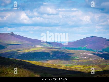 A view of purple heather hills from Cairn O' Mounth, a mountain pass over the Cairngorms between Fettercairn and Banchory in Aberdeenshire, Scotland Stock Photo