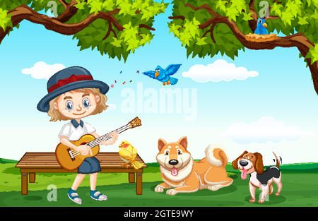Scene with cute girl and many pets in the park Stock Vector