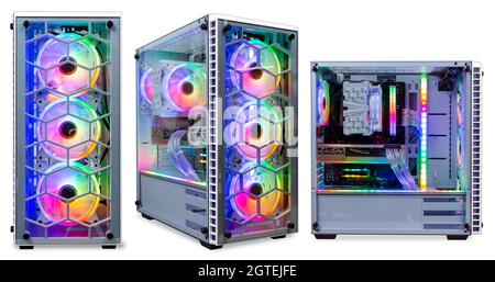 set collection of colorful custom gaming pc computer with dark tinted glass windows and rgb rainbow led lighting isolated on white background Stock Photo