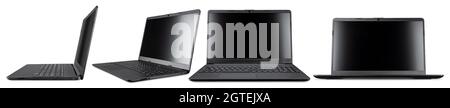 set collection of modern open black mobile laptop notebook computer with copy space and  blank screen in front side view isolated on white background. Stock Photo