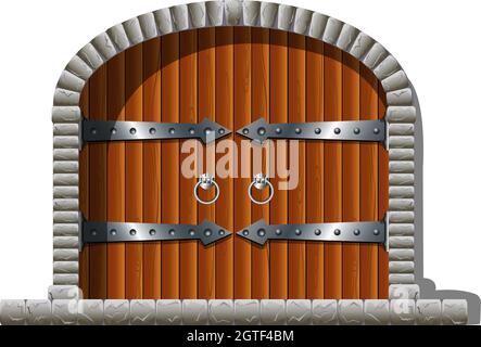 Vector gate of fairy tale castle and tower. Stone entrance with wooden gates, hinges, and vintage handles. Old realistic medieval props and elements Stock Vector