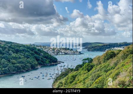 Spectacular coastal view from the Hall Walk in summer overlooking the Fowey Estuary with far reaching views to Polruan, Menabilly and St Austell Bay. Stock Photo