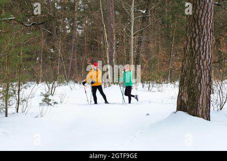 Senior couple walking with nordic walking poles in snowy winter forest Stock Photo