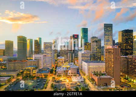 Downtown Houston skyline in Texas USA at twilight Stock Photo