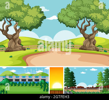 Four different scenes in nature setting cartoon style Stock Vector