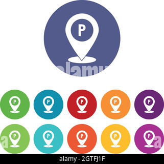 Map pointer with car parking sign set icons Stock Vector