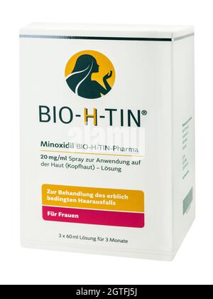 Hamburg, Germany - August 21  2021:  Bio-H-Tin Pharma Minoxidil Spray Stock Photo