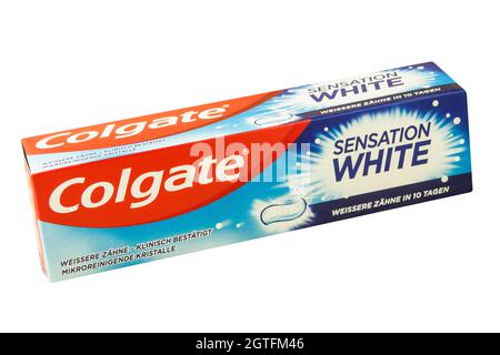 Hamburg, Germany - August 7, 2021: Colgate Toothpaste Sensation White 