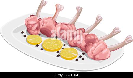 Vector illustration of Raw chicken lollipop arranged on a white  serving base with lemon slices and pepper, isolated Stock Vector
