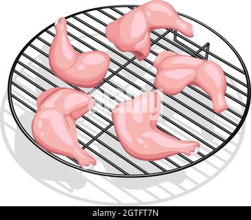 Vector illustration of Raw whole chicken leg without skin arranged on grill,isolated. Stock Vector