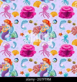 Seamless mermaid and sea animal cartoon style on purple background Stock Vector