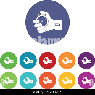 Hand holding stopwatch set icons Stock Vector