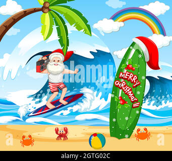 Santa Claus surfing at the beach for Summer Christmas Stock Vector