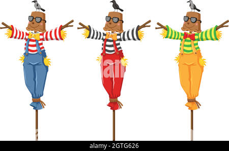 Three scarecrows on wooden sticks Stock Vector