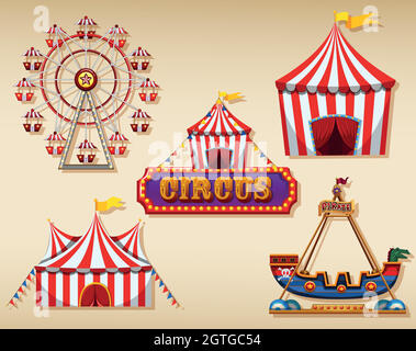 Circus tents and sign on brown background Stock Vector