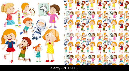 Set of seamless background design with isolated objects theme - children Stock Vector