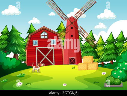 Background scene with red barn and windmill in the farm Stock Vector