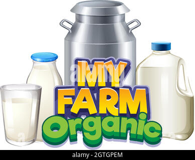 Font design for word my farm with fresh milk in different containers Stock Vector