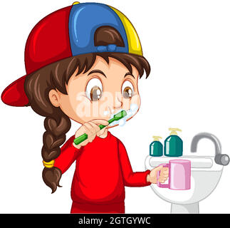A girl cartoon character brushing teeth with water sink Stock Vector