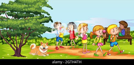 Scene with many children having fun in the park Stock Vector