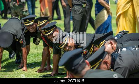 Dehradun, Uttarakhand India August 15, 2021. Indian army officers celebrate after passing out a parade at Indian Military Academy IMA.  Stock Photo