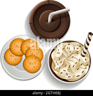 Drinks in disposable cups and a plate with biscuits Stock Vector