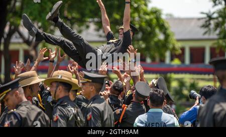 Dehradun, Uttarakhand India August 15, 2021. Indian army officers celebrate after passing out a parade at Indian Military Academy IMA.  Stock Photo