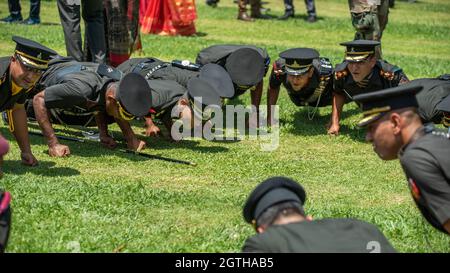 Dehradun, Uttarakhand India August 15, 2021. Indian army officers celebrate after passing out a parade at Indian Military Academy IMA.  Stock Photo