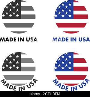 Made in USA label. Red stripes and white stars on blue field, clipped to circle with text below. Black & white / color version. Stock Vector