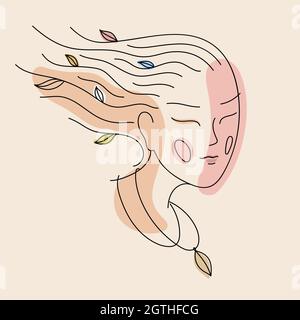 Woman face feminine line art portrait. Young girl with colourful leaves in her hair and on necklace. Beautiful girl profile with eyes closed, vector illustration. Stock Vector