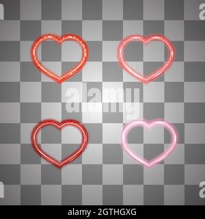 Set of four glowing neon heart. Isolated on transparent. Vector illustration. Easy to edit design template for your artworks. Stock Vector
