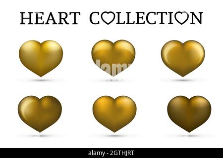Gold heart collections. Set of six realistic hearts isolated on white background. 3d icons. Valentine s day vector illustration. Easy to edit design t Stock Vector