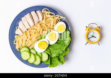 Plate With Food On A White Background And Alarm Clock, Interval Fasting Concept